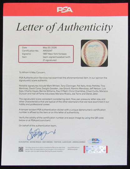 1997 New York Yankees Team-Signed by (21) OAL Baseball PSA/ DNA 209924