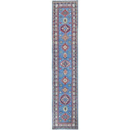 3'2"X16'1" Blue Kazak With Medallions Design Hand Knotted Wool Runner Rug