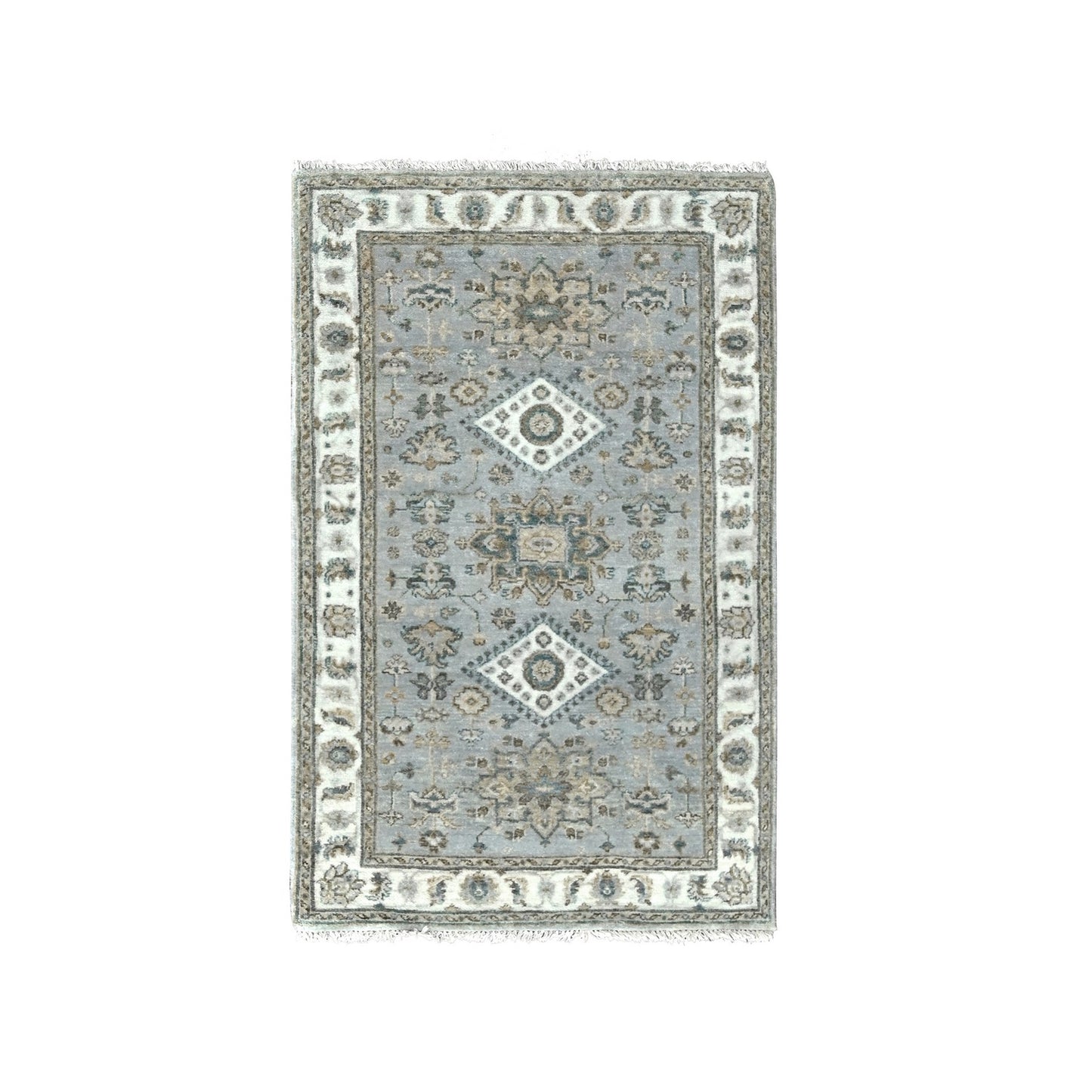 Rug 3'1"x5' Gray Hand Knotted Karjihooz and Geometric Design Pure Wool
