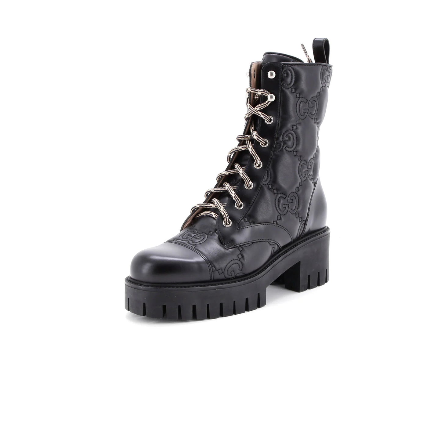 Gucci Women'S Platform Lug Sole Combat Boots Gg Embossed Leather