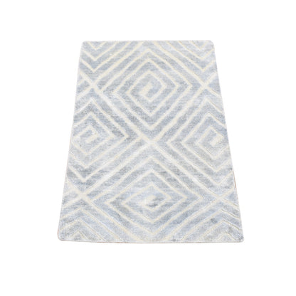 2'X3' Gray Modern Design Silk With Textured Wool Hand Knotted Mat Rug