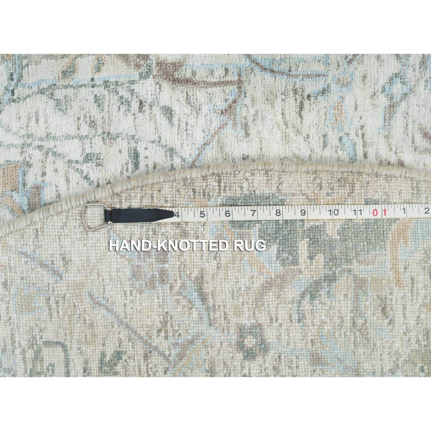 5'X5' Ivory Hand Knotted Sickle Leaf Design Silk With Wool Round Rug