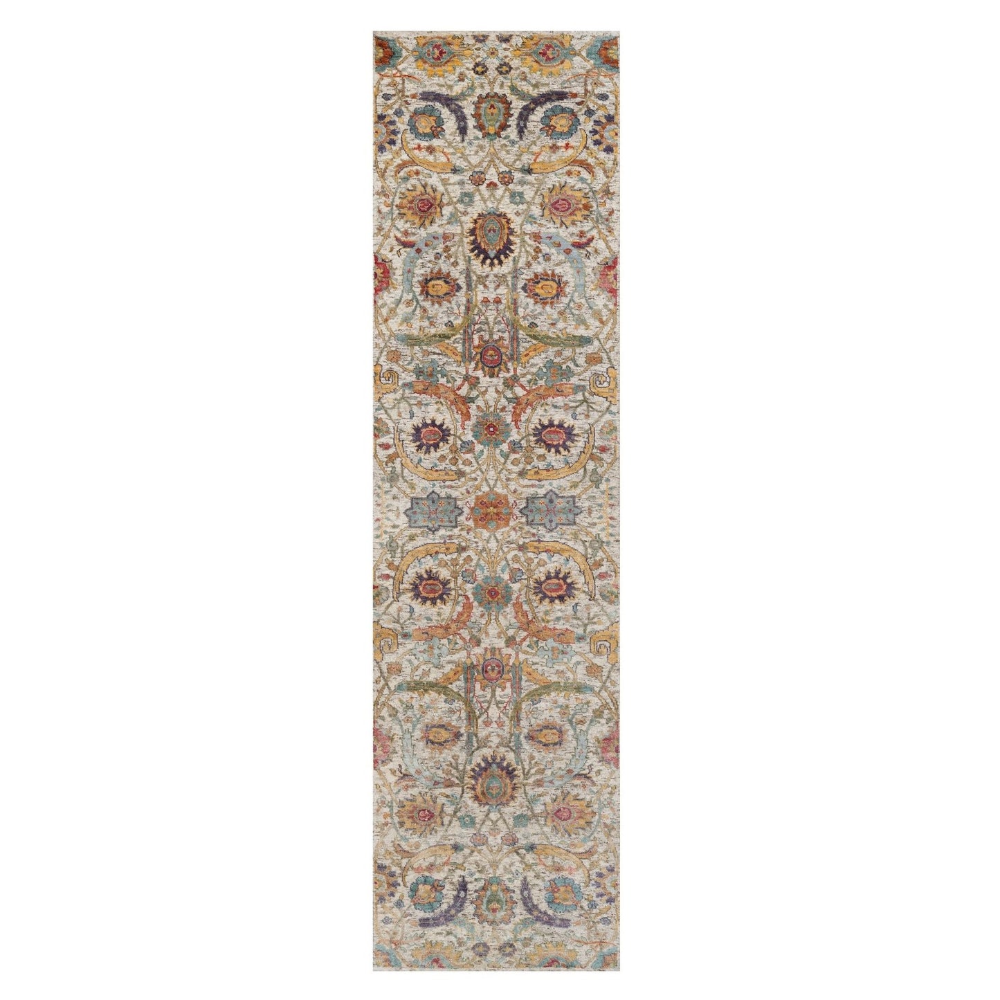 2'7"X10' Ivory Sickle Leaf Design Runner Rug Hand Knotted Silk With Wool