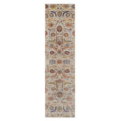 2'7"X10' Ivory Sickle Leaf Design Runner Rug Hand Knotted Silk With Wool