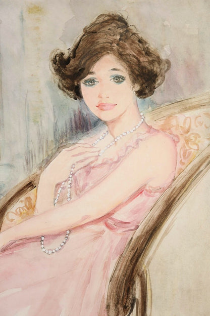 Bernard Charoy Original Watercolor Painting "Lady In Pink Dress" Signed French