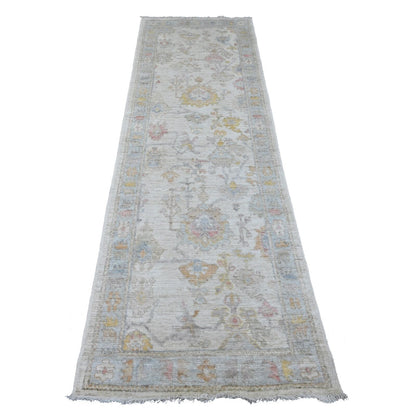 2'8"X8'9" White Hand Knotted Angora Oushak Leaf Design Wool Runner Rug