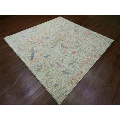 8'X8' Swamp Green Hand Knotted Peshawar Birds Design Soft Wool Square Rug