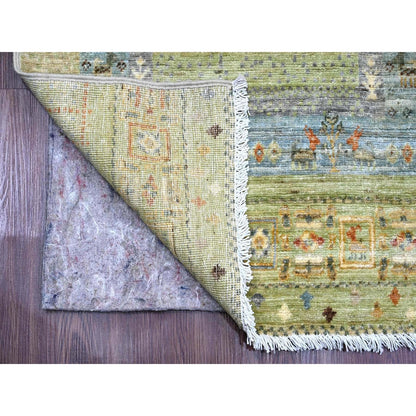 2'5"X9'9" Green Hand Knotted Kashkuli Animal Figurines Wool Runner Rug