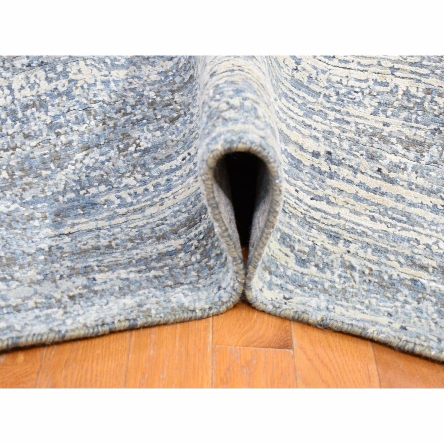 10'x14' Horizontal Ombre Design Hand Knotted Denim Blue Wool and Silk Rug