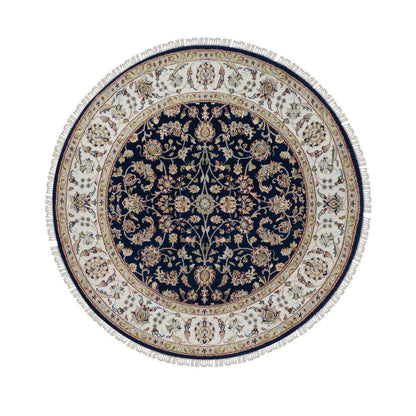 5'X5' Navy Nain With Flower Design Wool And Silk Hand Knotted Round Rug