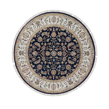 5'X5' Navy Nain With Flower Design Wool And Silk Hand Knotted Round Rug