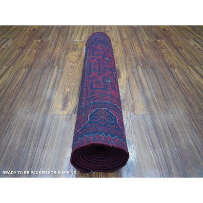 2'10"X9'8" Red Tribal Design Hand Knotted Afghan Khamyab Wool Runner Rug