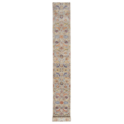 2'7"X23'10" White Sickle Leaf Hand Knotted Silk And Wool Xl Runner Rug