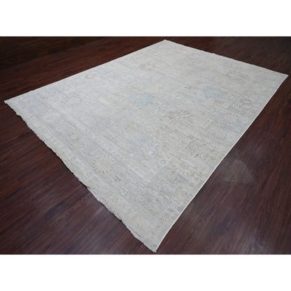 9'X11'10" Gray Afghan Angora Oushak Leaf Design Hand Knotted All Wool Rug