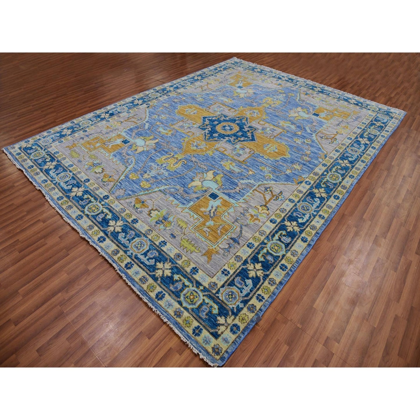 9'2"X12'2" Blue Heris Design Hand Knotted 100% Wool Vegetable Dyes Rug
