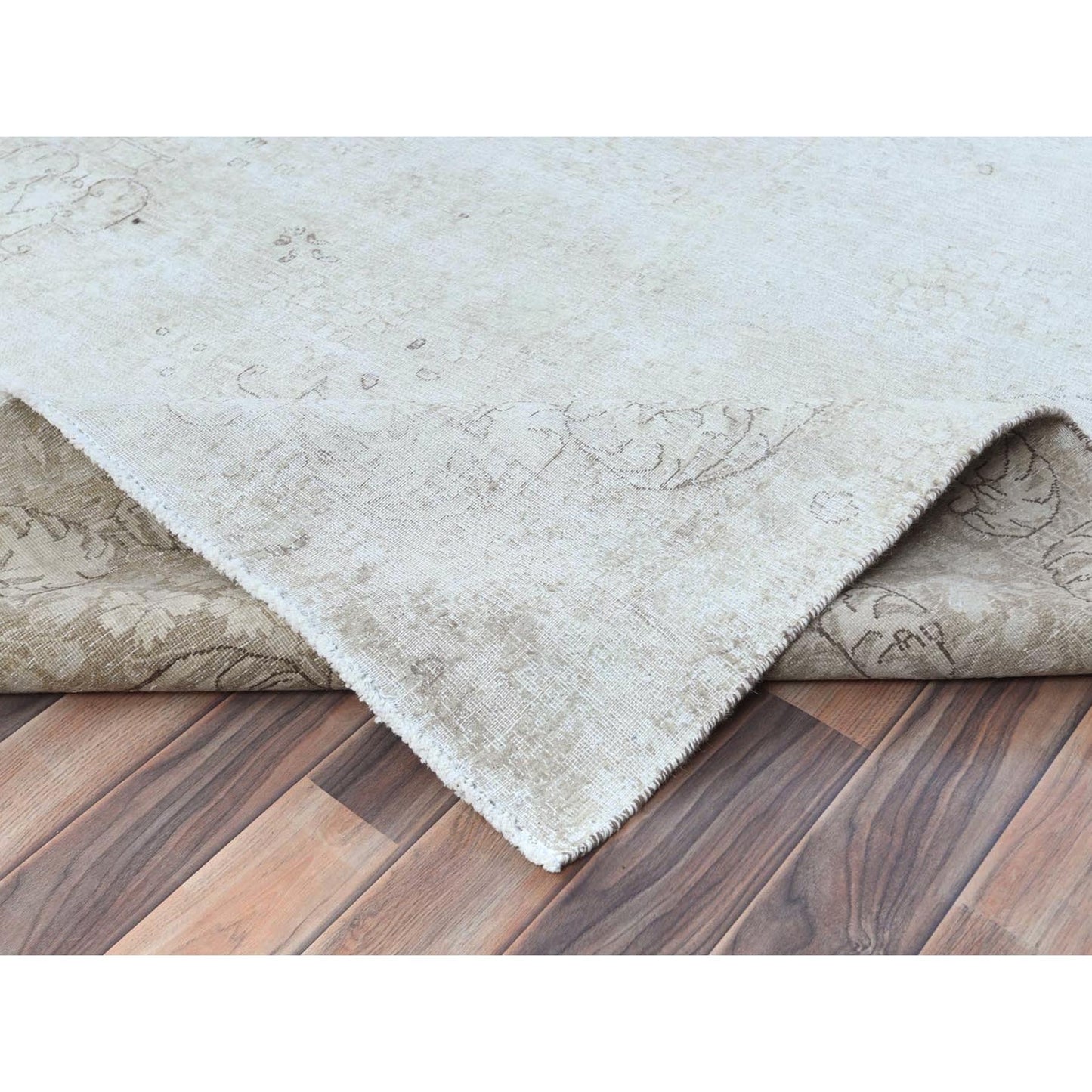 9'8"X12'5" Ivory Hand Knotted Worn Wool Distressed Vintage Farsian Rug