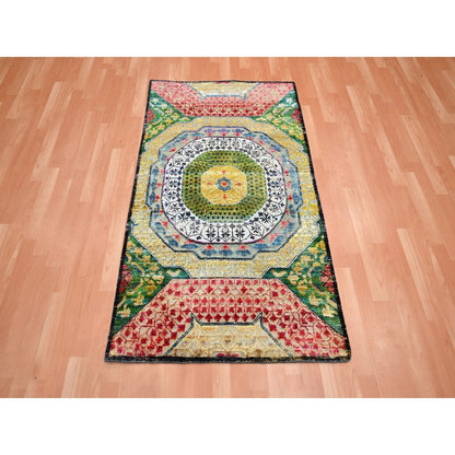 3'2"X5'2" Yellow Colorful Mamluk Design Hand Knotted Silk With Wool Rug
