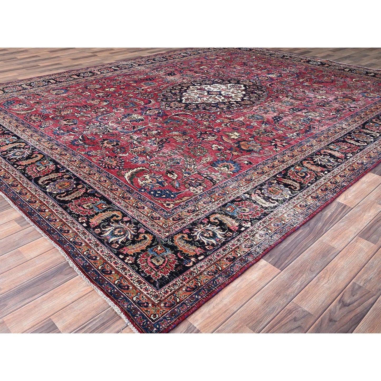Rug 10'x12'7" Red and Worn Zoroastrian Wool Hand Knotted