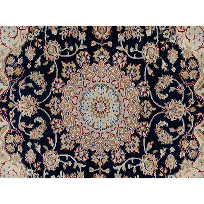 5'X5' Blue Wool And Silk Hand Knotted Nain With Flower Design Square Rug