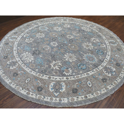 12'X12' Hand Knotted Soft Wool Fine Peshawar Silver Gray Round Rug