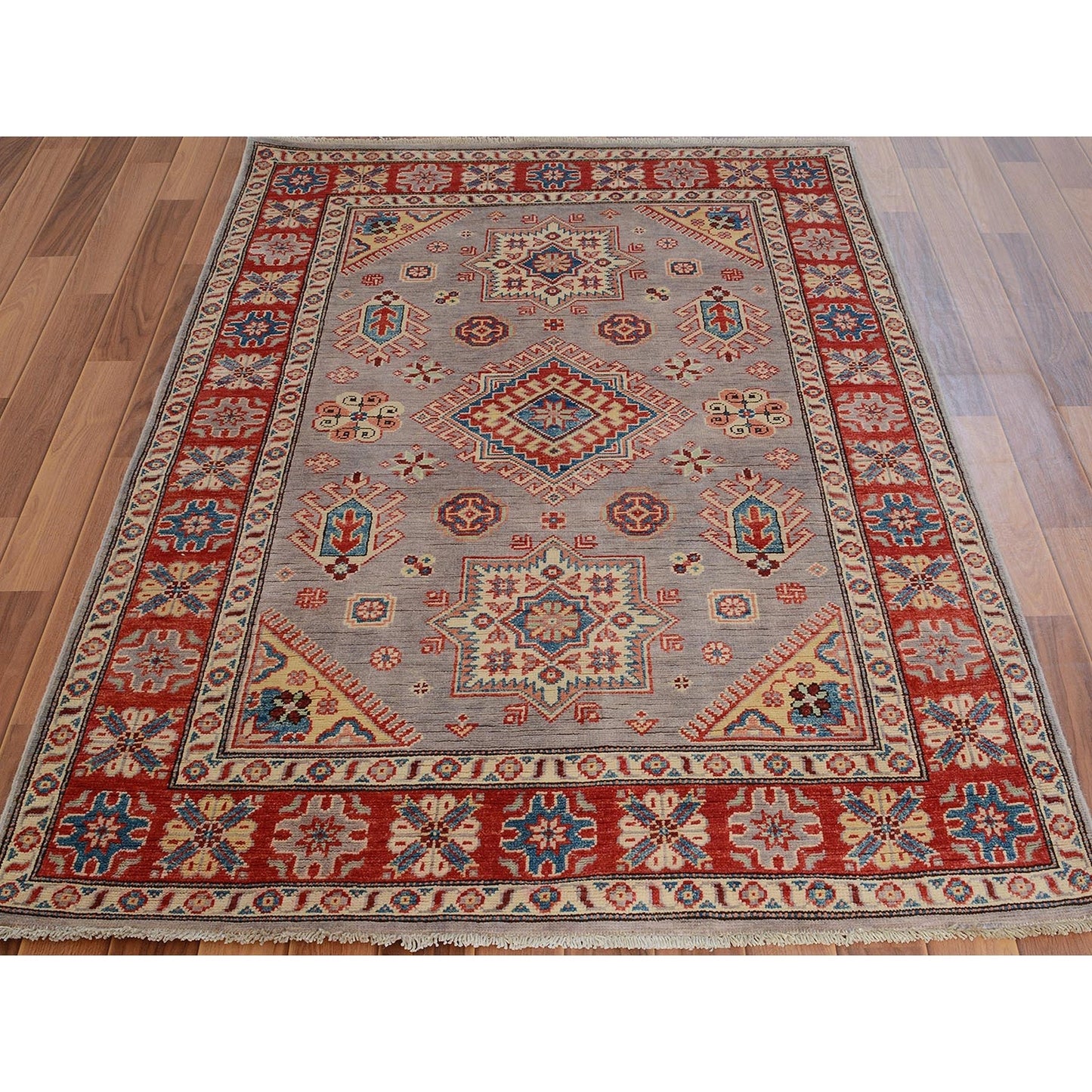3'10"X6' Gray Special Kazak Geometric Design Pure Wool Hand Knotted Rug