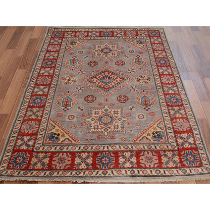 3'10"X6' Gray Special Kazak Geometric Design Pure Wool Hand Knotted Rug