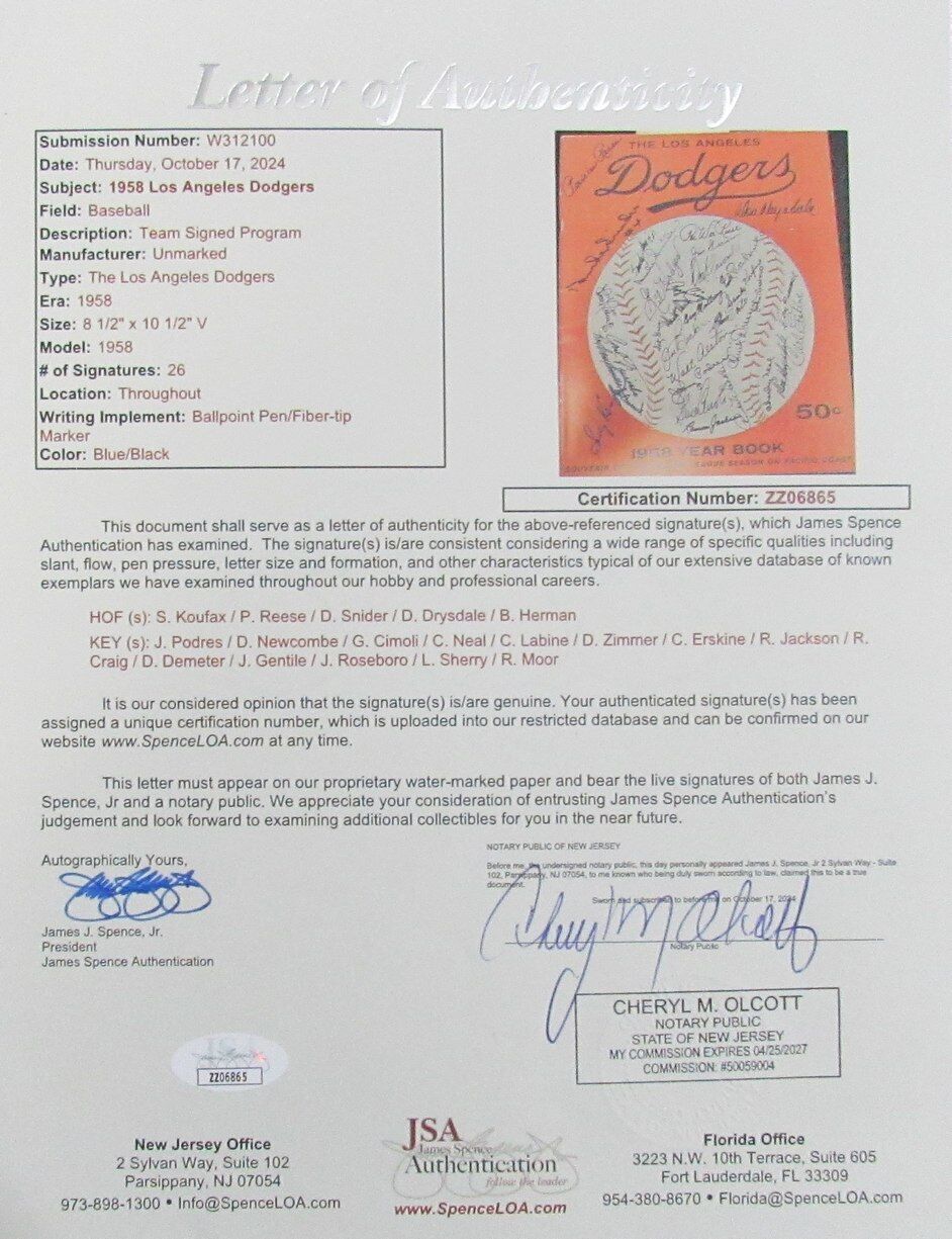 1958 Dodgers Signed/Auto (26) Yearbook Koufax