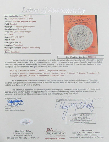 1958 Dodgers Signed/Auto (26) Yearbook Koufax