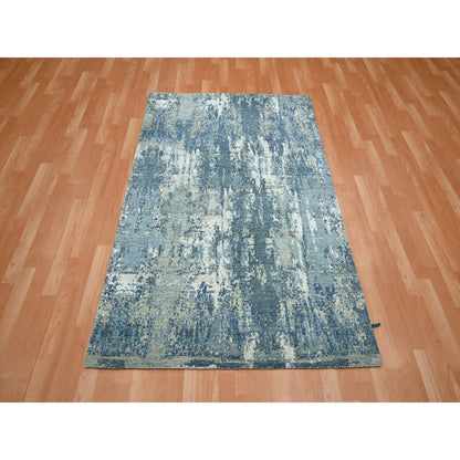 4'1"X6'2" Light Blue Hand Knotted Abstract Design Pure Silk And Wool Rug