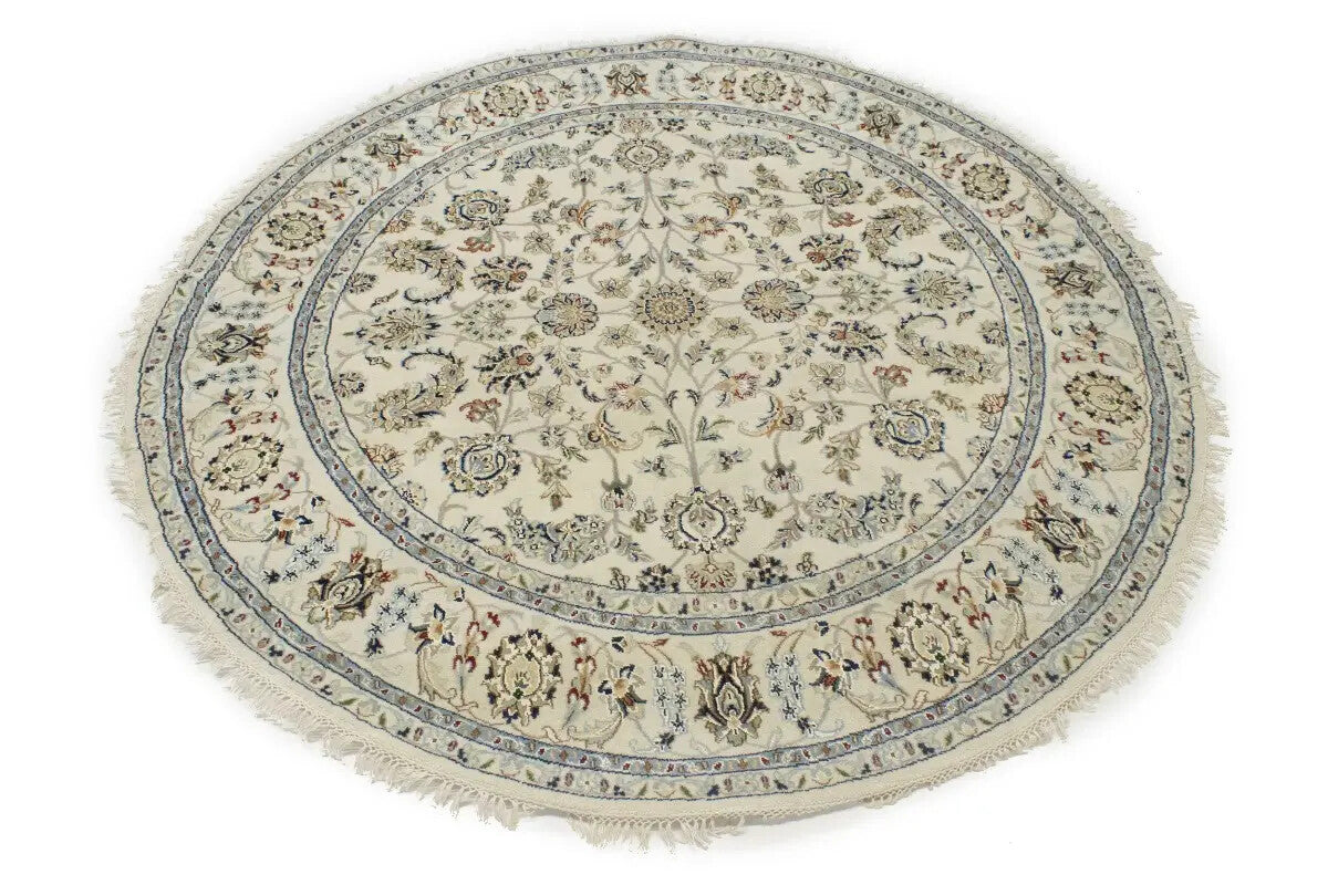 Extra Fine Hand-Knotted Indo-Nain Round Rug 6X6 ft Cream Floral