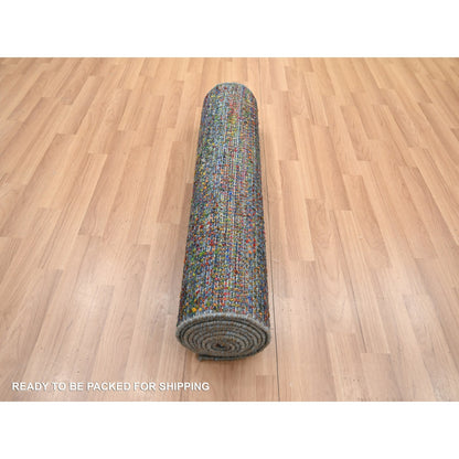 2'9"X10'2" Blue Grass Design Wool And Silk Modern Hand Knotted Runner Rug