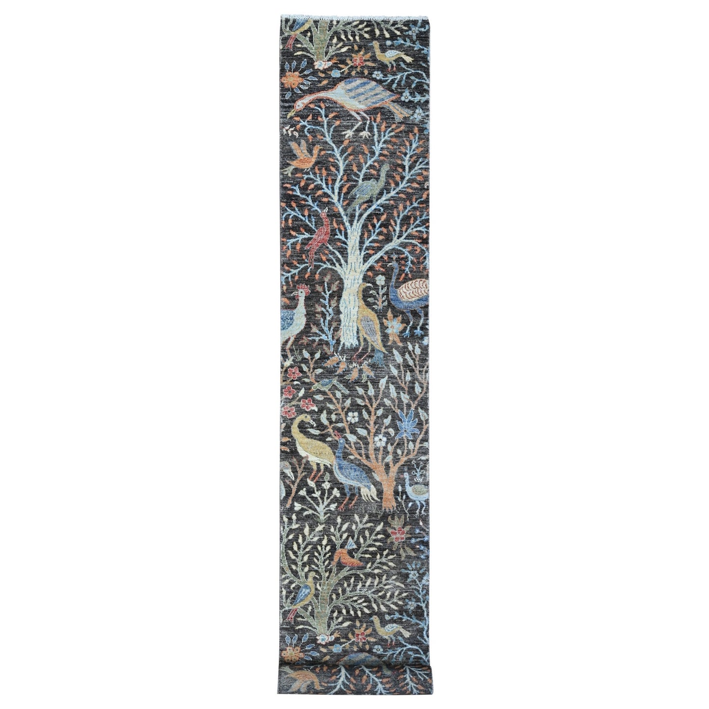 2'5"X17'9" Gray Hand Knotted Wool Peshawar Birds Paradise Xl Runner Rug