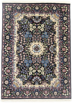 Handmade Kirman Oriental Rug Wool Black Floral