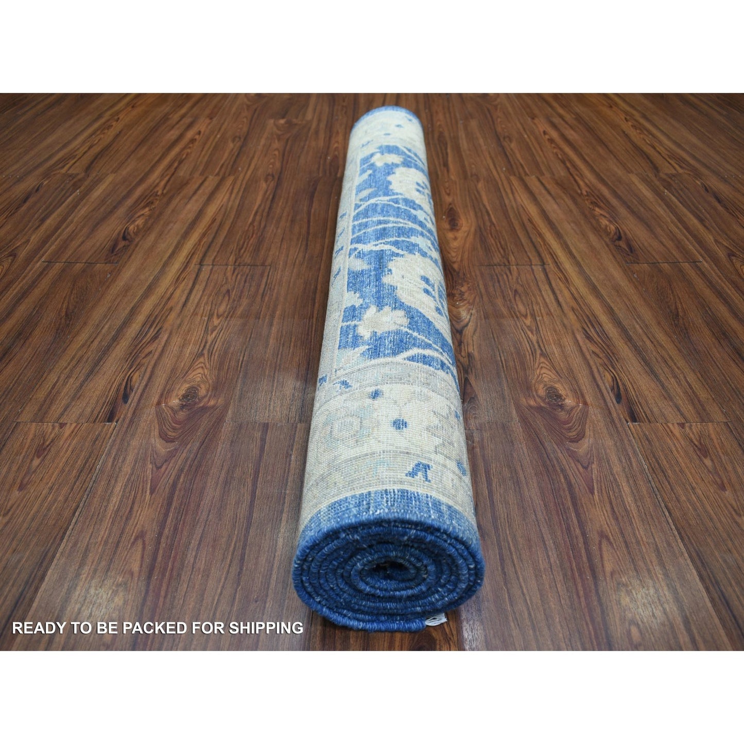 4'X10'3" Denim Blue Hand Knotted Fine Peshawar Wool Wide Runner Rug