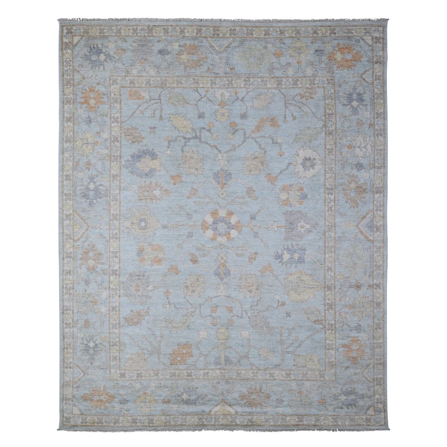 7'9"X9'9" Beau Blue Faded Out Angora Oushak Wool Weft Oriental Rug