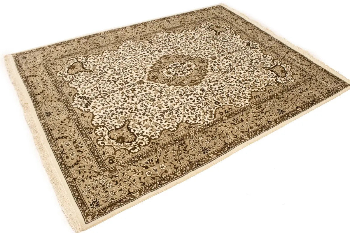 6X8 Hand-Knotted Extra Fine Kirman Oriental Rug Cream Floral Studio Carpet
