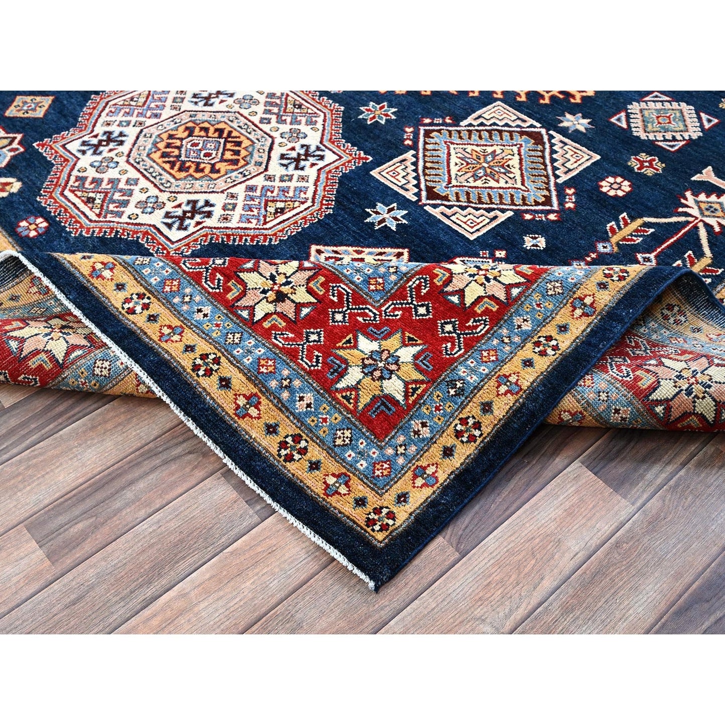 8'X9'10" Navy Afghan Special Kazak Geometric Design Wool Hand Knotted Rug