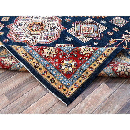 8'X9'10" Navy Afghan Special Kazak Geometric Design Wool Hand Knotted Rug