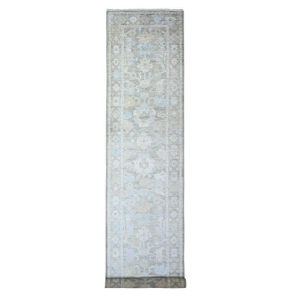 3'X15'9" Olive Gray Hand Knotted Afghan Angora Oushak Wool Xl Runner Rug