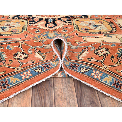8'X9'7" Orange Afghan Peshawar Seeripe Heris Design Hand Knotted Wool Rug