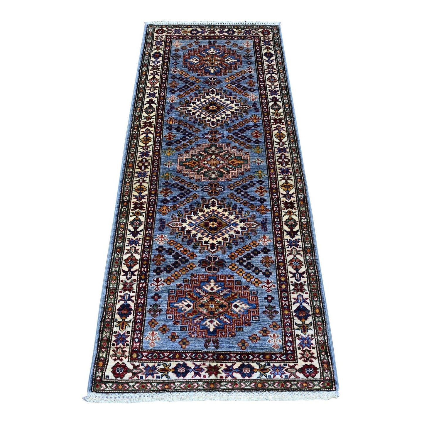 2'6"X6'2" Glaucous Gray Hand Knotted Super Kazak Motifs Wool Runner Rug