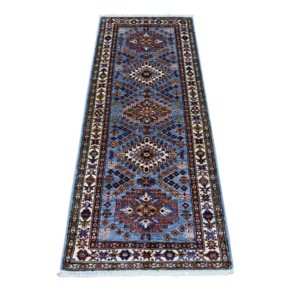 2'6"X6'2" Glaucous Gray Hand Knotted Super Kazak Motifs Wool Runner Rug