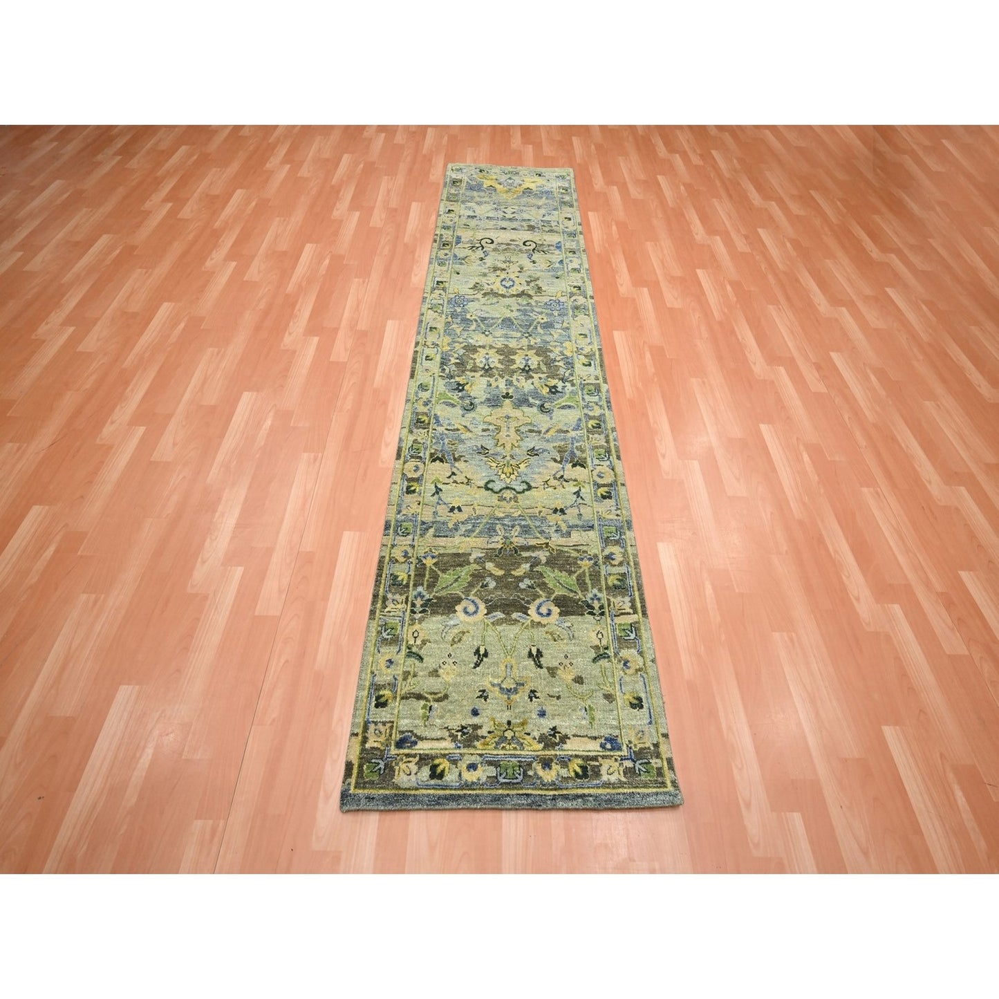 2'7"x10'5" Green Erased Zoroastrian Design Hand Knotted Wool Runner Rug