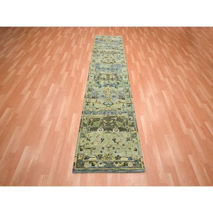 2'7"x10'5" Green Erased Zoroastrian Design Hand Knotted Wool Runner Rug