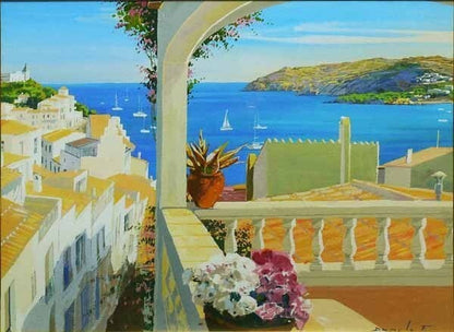 Fernandez Danilo Oil Painting Signed Mediterranean Sea View Balcony