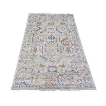 4'X6' Gray Hand Knotted Afghan Angora Oushak Leaf Design Pure Wool Rug