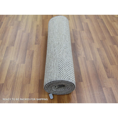 2'7"X10' Gray Wool And Silk Hand Knotted Modern Grass Design Runner Rug