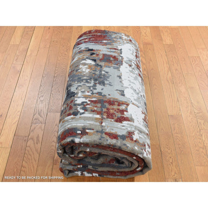 9'X12'2" Red Wool And Silk Abstract Paint Brush Design Hand Knotted Rug