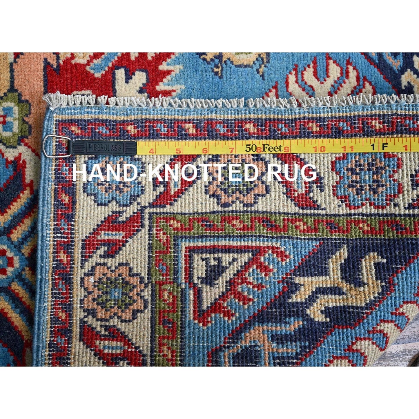 2'8"X4' Blue Kazak Geometric Design Hand Knotted Soft Wool Mat Sample Rug