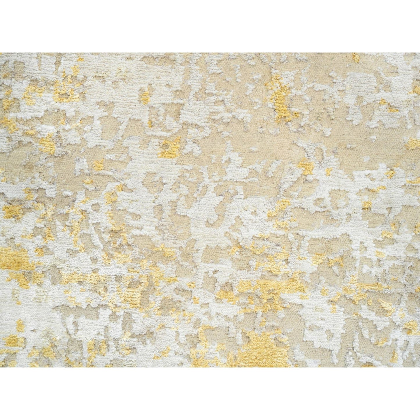 2'X2'9" Gold-Cream Hand Knotted Abstract Design Wool And Silk Mat Rug